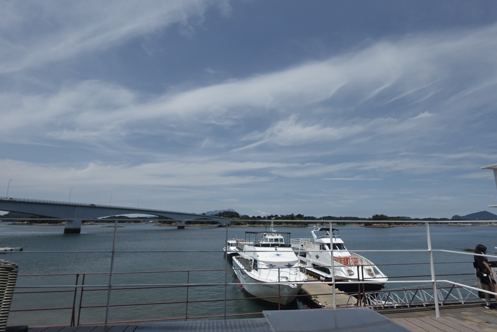 海辺の青空に伸びる、白い繊維状の巻雲